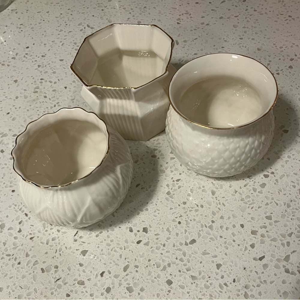 Belleek Ireland White Porcelain Dishes with gold trim.